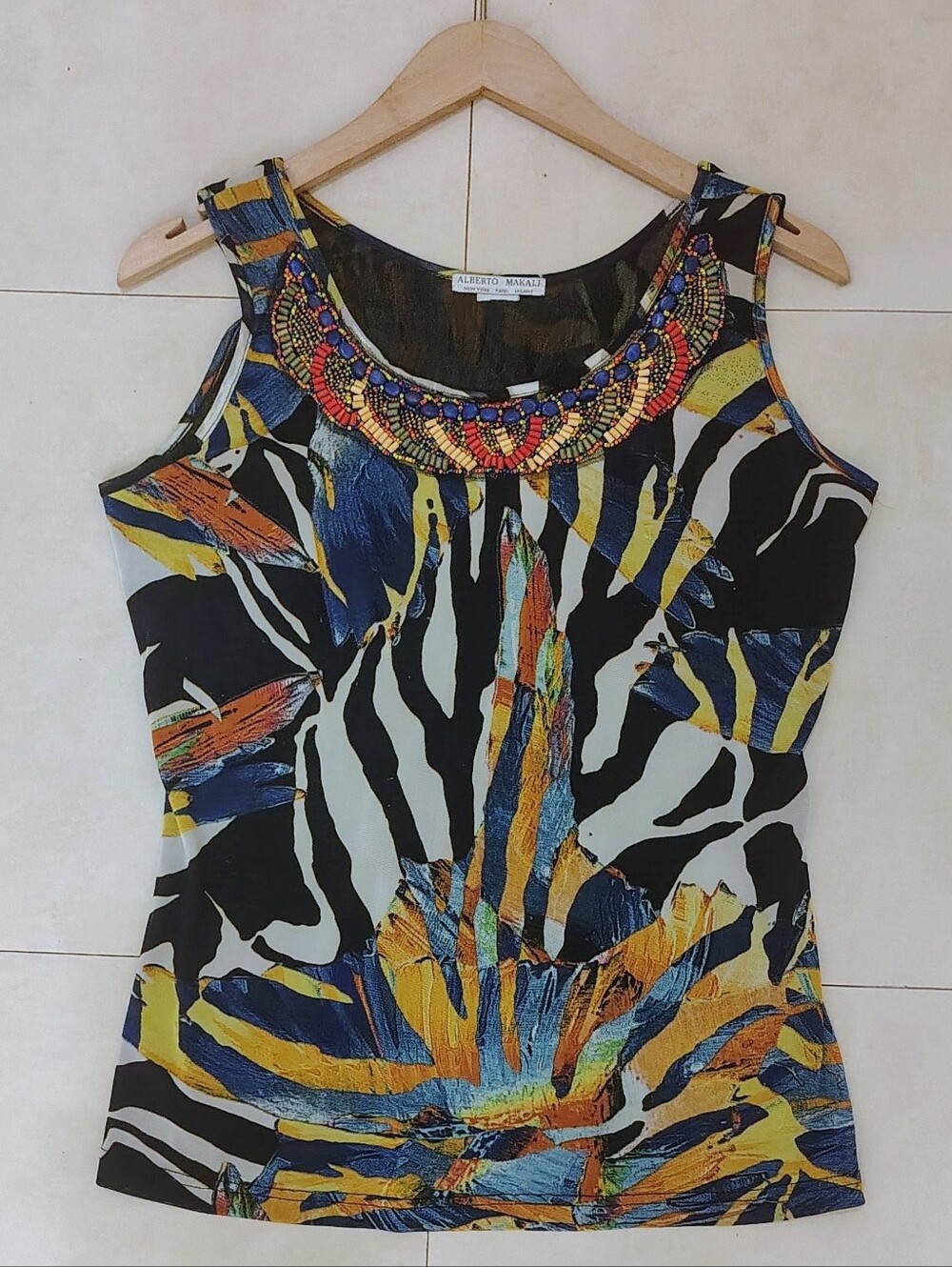 Alberto Makali Y2K Exotic Vintage Vibrant Zebra Beaded Sleeveless Top Sz L